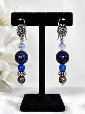 Blue Sardonyx Earrings Handmade Gemstone Dangle Silver Boho Gift